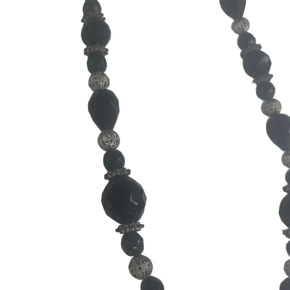 Beaded Necklace With Black Faceted Beads & Silver Accents 18" - Picture 2 of 4